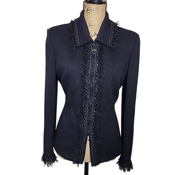 St. John Collection Knit Braided And Ruffled Zip Front Jacket.  Size 10 - Picture 2 of 12